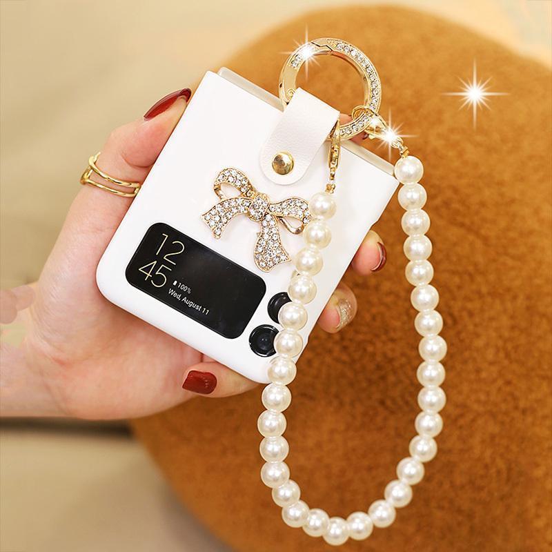 Rhinestone Bow Folding Phone Case Pearl Lanyard