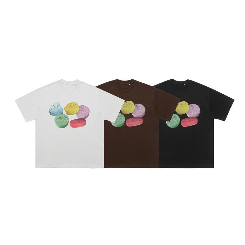 Cotton Printed Round Neck Couple Top T-shirt With Short Sleeves